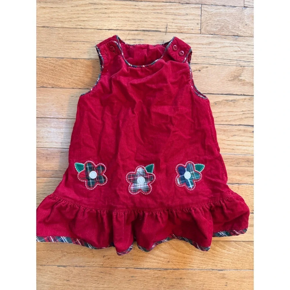 Florence Eiseman Reversible Red Corduroy Dress‎ Plaid Holly 12M Holiday Jumper